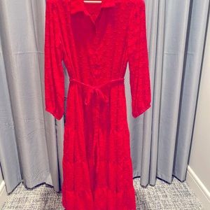 Fuchsia sheer ruffled shirt waist dress. Sz L